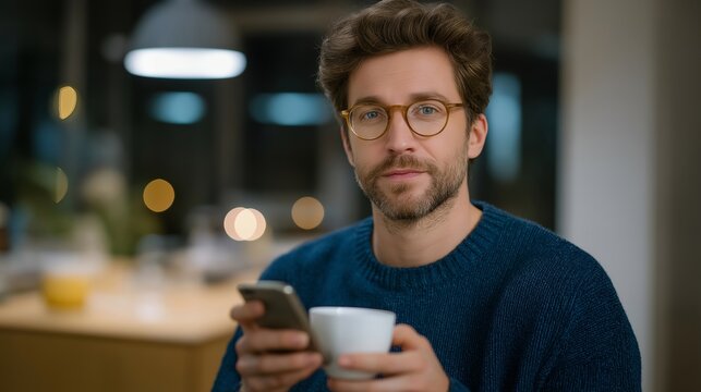 Nervous investor watching volatile premarket stock futures on mobile device while drinking morning coffee in kitchen at dawn, market opening anxiety, ideal for trading psychology, volatility