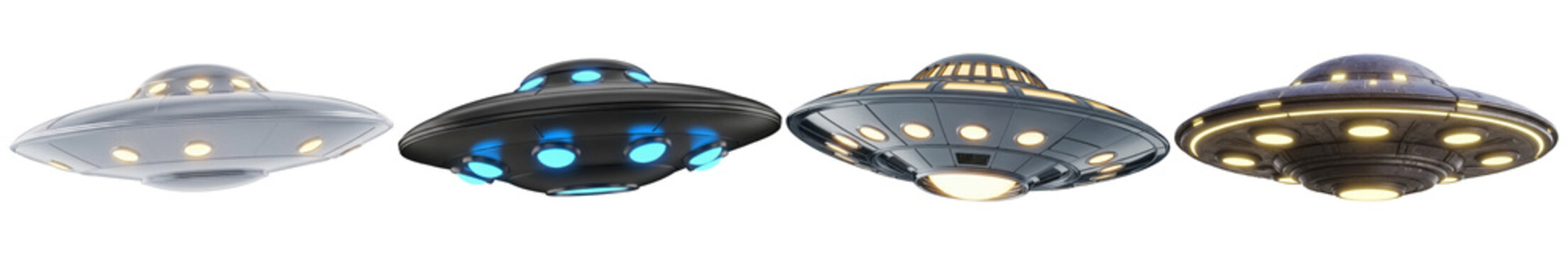 A futuristic 3D render of four distinct UFOs, showcasing different designs and glowing lights, isolated on transparent.