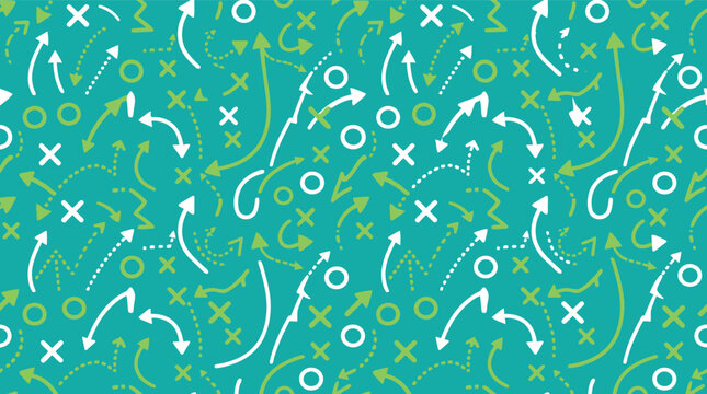 Seamless football strategy background vector illustration with green and white playbook symbols on blue, flat design
