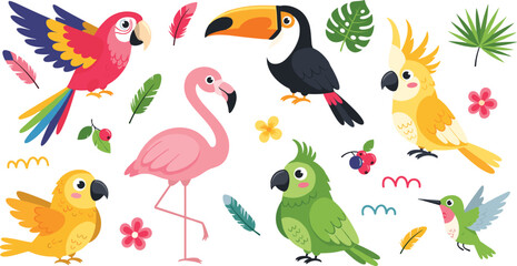 Cute Tropical Birds Cartoon Vector Collection Featuring Parrot, Toucan, Flamingo, Cockatiel and Hummingbird with Feathers, Flowers and Jungle Nature Elements.