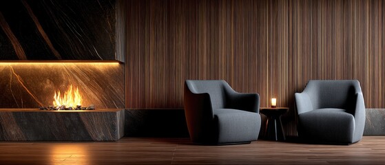 Fototapeta premium Elegant living room featuring a stone fireplace with two gray armchairs and dark wood flooring, perfect for cozy gatherings or relaxation activities