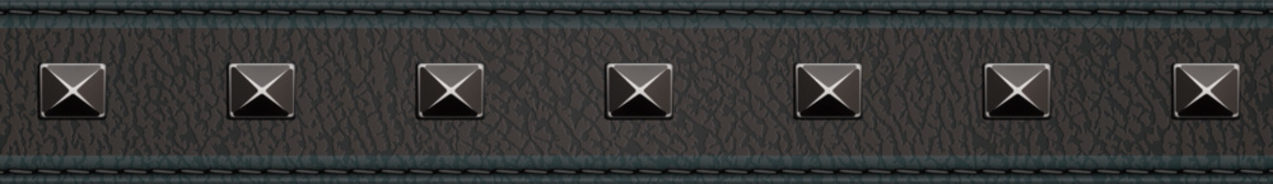 Dark leather strip with metal studs and stitched edges, realistic punk belt strap banner border isolated on white background for UI and design elements
