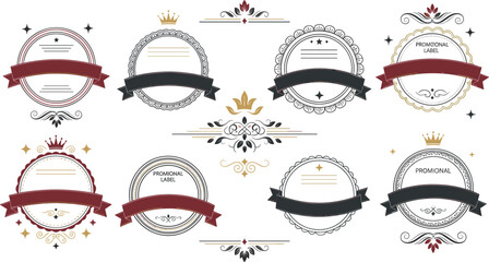Luxury vintage badge labels with ornamental frames ribbon banners and royal crown elements for premium branding packaging vector illustration set