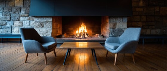 Fototapeta premium Modern living room with stone fireplace and grey armchairs, featuring wood floors and cozy atmosphere in a well-lit space