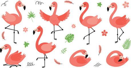 Cute Flamingo Cartoon Vector Collection Featuring Adorable Pink Flamingos Standing, Walking, Flying and Resting with Tropical Leaves and Nature Elements. © MstSuborna