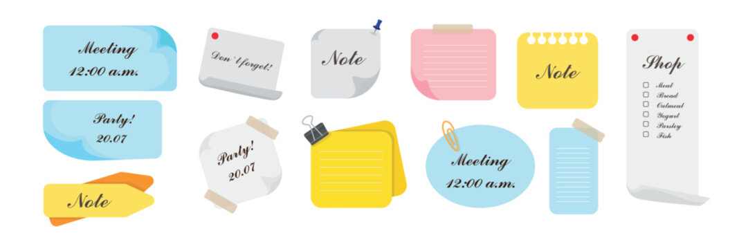 Set of stickers, reminders in cartoon style. Vector illustration of notes with paperclip, binder, for planning, inscriptions of meetings, parties, grocery shopping isolated on white background.