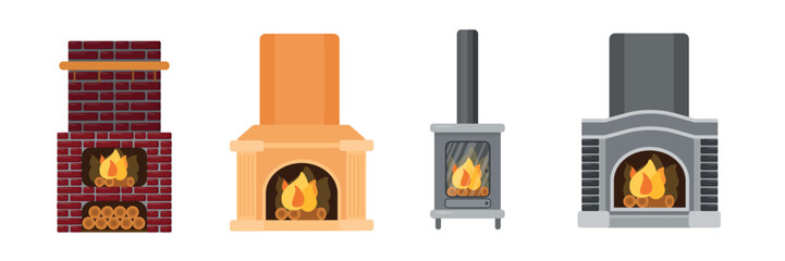 Obraz premium Set of fireplaces, stoves in cartoon style. Vector illustration of different types of home brick, stone fireplaces, fireboxes with flames, firewood isolated on white background. Heating the room.