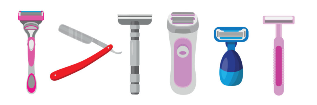 Set of razors for shaving in cartoon style.Vector illustration of razors for men and women: cassette razors, shaver, electric razor, disposable isolated on white background.Hair removal on body, face.
