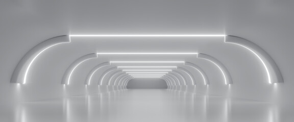 Obraz premium Abstract Futuristic empty floor and room Sci-Fi Corridor With light for showcase,room,interior,display products.Modern Future cement floor and wall background technology interior concept.3d render