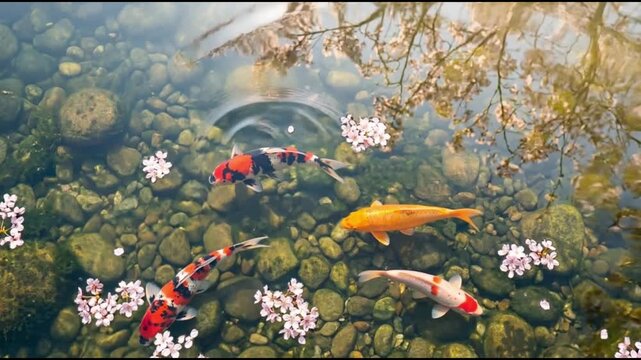 Colorful koi fish swimming in calm zen pond with floating sakura petals, top view