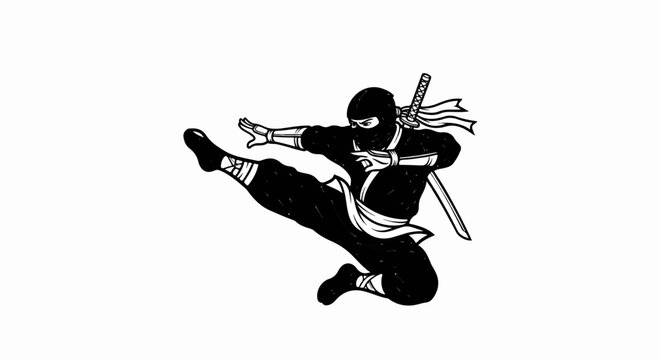 Black and white illustration of a ninja in mid-air kick with sword