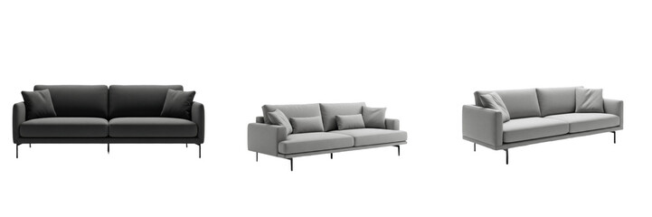 Fototapeta premium Set of Three Minimalist Modern Sofas in Different Shades of Grey Isolated on White Background – Contemporary Living Room Furniture and Interior Design Concept