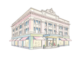 Fototapeta premium Charming watercolor illustration of a classic building with storefronts and awnings