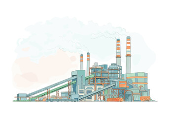 Obraz premium Industrial factory complex with smokestacks emitting steam against a pale sky