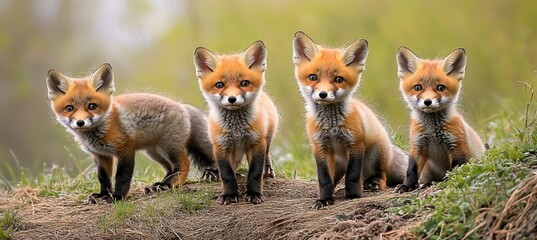 Fototapeta premium Charming Portrait of Four Adorable Fox Cubs Posing Curiously in Their Natural Habitat, Exploring