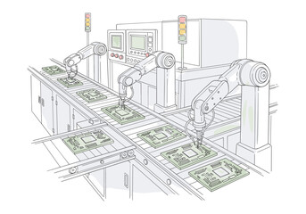 Obraz premium Automated robotic arms assembling electronic circuit boards on a conveyor belt in a factory