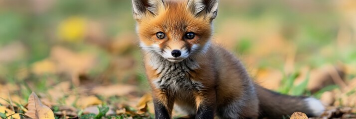 Fototapeta premium Adorable Young Fox in a Scenic Autumn Landscape Surrounded by Colorful Fallen Leaves and Nature