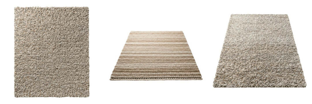 Set of high-quality beige shaggy carpets in different perspectives, soft plush floor rugs for modern interior decor isolated on white background.