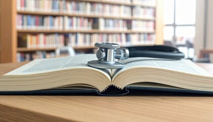 Obraz premium A Stethoscope Rests Open on a Medical Textbook within a Library Setting Symbolizing Knowledge and Healthcare Education