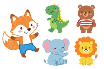 Fototapeta premium Cute Animal Character Set including Fox Dinosaur Bear Elephant and Lion, Happy Animal Pose Flat Vector Illustration