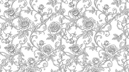 Intricate floral pattern featuring roses and vines in a monochrome design for textile use