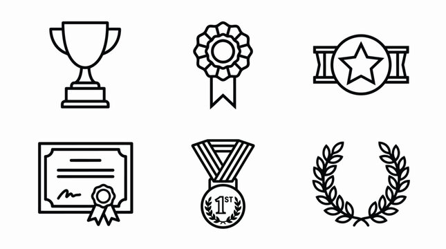 Six symmetrical award icons including trophy rosette star certificate medal and laurel wreath on white background