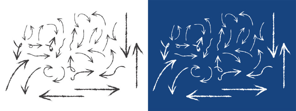Grunge Chalk Hand Drawn Brush Arrows Vector, Distressed Vintage Sketch Doodle Direction Set.