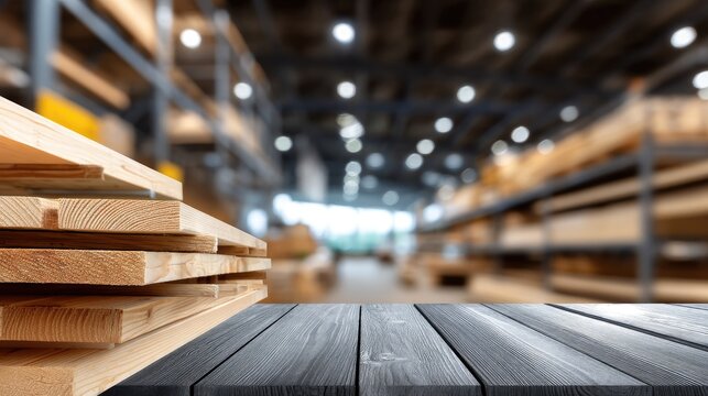 Lumber stack at construction materials store showing wooden beams in a warehouse environment with a focus on the wood structure and layout in the background