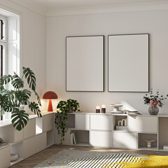 Modern Living Room Poster Frame Mockup with Natural Light and Minimalist Decoration. 3D render.