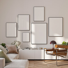 Modern Living Room Poster Frame Mockup with Natural Light and Minimalist Decoration. 3D render.