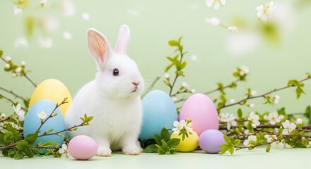 Obraz premium A white rabbit sitting next to colorful easter eggs