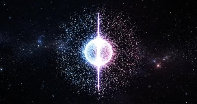 Abstract representation of a cosmic sphere divided into blue and pink halves with stars