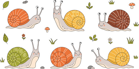 Cute Snail Cartoon Vector Set Featuring Adorable Garden Snails Crawling with Colorful Spiral Shells, Leaves, Grass, Mushrooms and Nature Elements. © MstSuborna