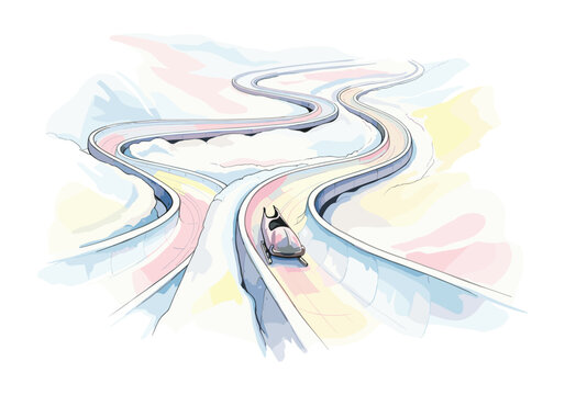 Illustration of a bobsled racing down a winding icy track with pastel colored snowbanks