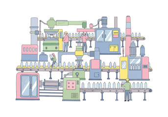 Fototapeta premium Automated factory production line with workers overseeing bottle manufacturing process