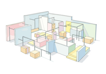 Fototapeta premium Abstract architectural model with pastel blocks and metal structures, isometric view