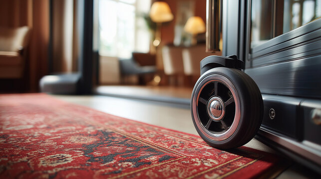 Close-up of a luggage wheel on a hotel room threshold with a red patterned carpet, defocused background, hotel arrival and departure concept, guest travel, with copy space