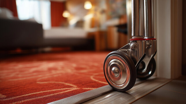 Close-up of a luggage wheel on a hotel room threshold with a red patterned carpet, defocused background, hotel arrival and departure concept, guest travel, with copy space