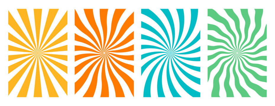 Abstract Retro Spiral Sunburst and Psychedelic Wavy Ray Background Collection in Vintage Summer Colors. perfect for 70s or 80s themed. 