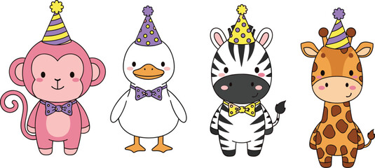 cute cartoon party animals set with monkey duck zebra giraffe wearing birthday hats, adorable kids celebration vector characters © Mst