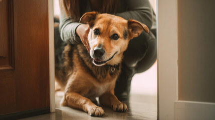Friendly dog peeking through a doorway while being petted by owner. A happy mixed-breed dog lies on the floor, looking towards the camera with a person's hands gently petting its head