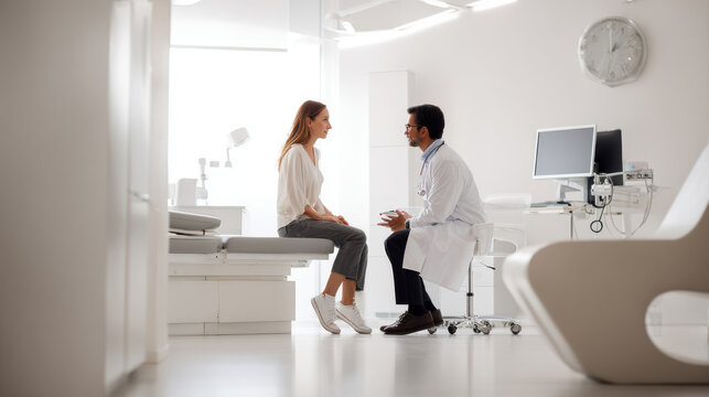 Doctor consulting with a female patient in a modern, bright examination room. A male physician in a white coat discusses medical information with a woman seated on an examination table