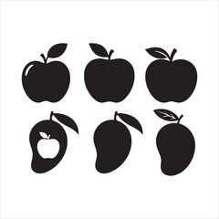 Apple and Mango Fruit Silhouette Vector Illustration Set Isolated on White Background for Juice Brand, Food Logo, and Minimalist Icon Design.