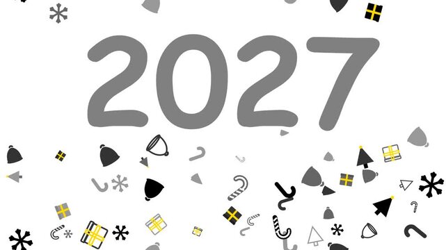 Graphic illustration of the year 2027 with festive holiday elements like snowflakes, bells, and gift boxes scattered on a white background, symbolizing New Year celebrations.