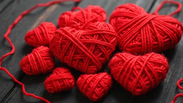 Red yarn hearts arranged on dark rustic wooden surface