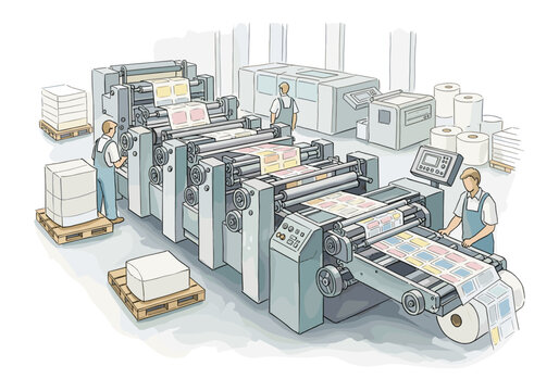 Workers operate large printing presses in a modern industrial print shop setting