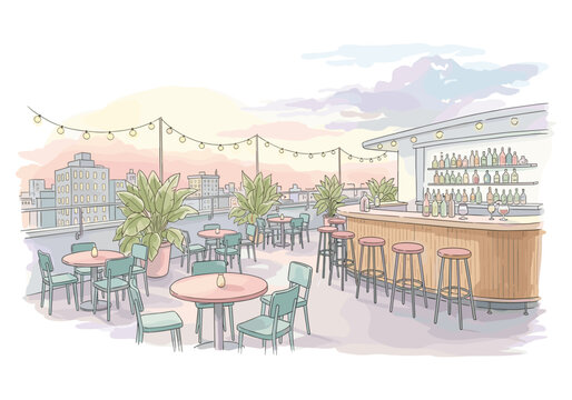 Rooftop bar with city view at sunset, string lights and plants, illustration
