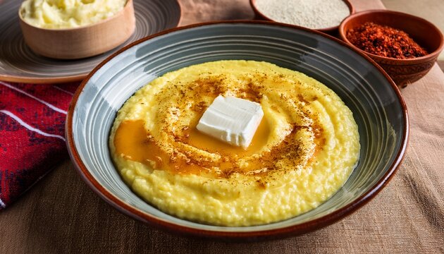 traditional serbian breakfast with ka amak cornmeal porridge and kaymak creamy dairy spread