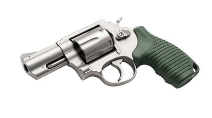 Modern silver revolver with a textured green polymer grip, a powerful and compact firearm isolated on transparent background, ready for tactical design projects PNG