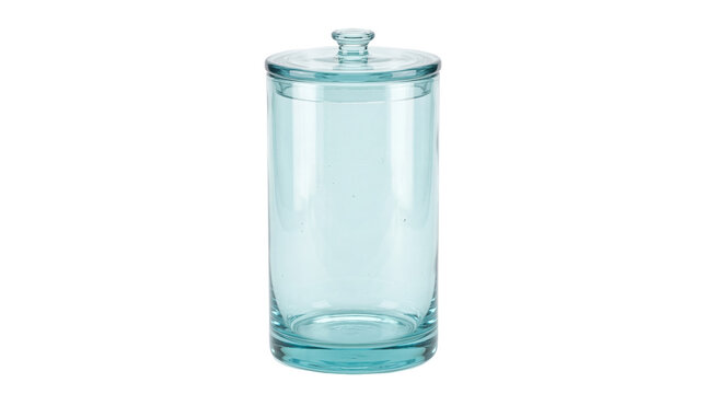 Empty light blue glass storage jar with lid, a transparent cylindrical container isolated for kitchen or bathroom organization PNG